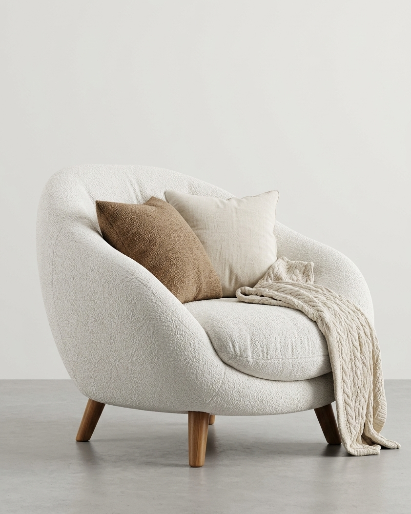 Treya Premium Bouclé Egg Accent Chair - Luxury Upholstered Cuddle Armchair with Natural Oak Legs - Modern Teddy Fabric Lounge Chair for Living Room & Bedroom - Cream White (Cream White)