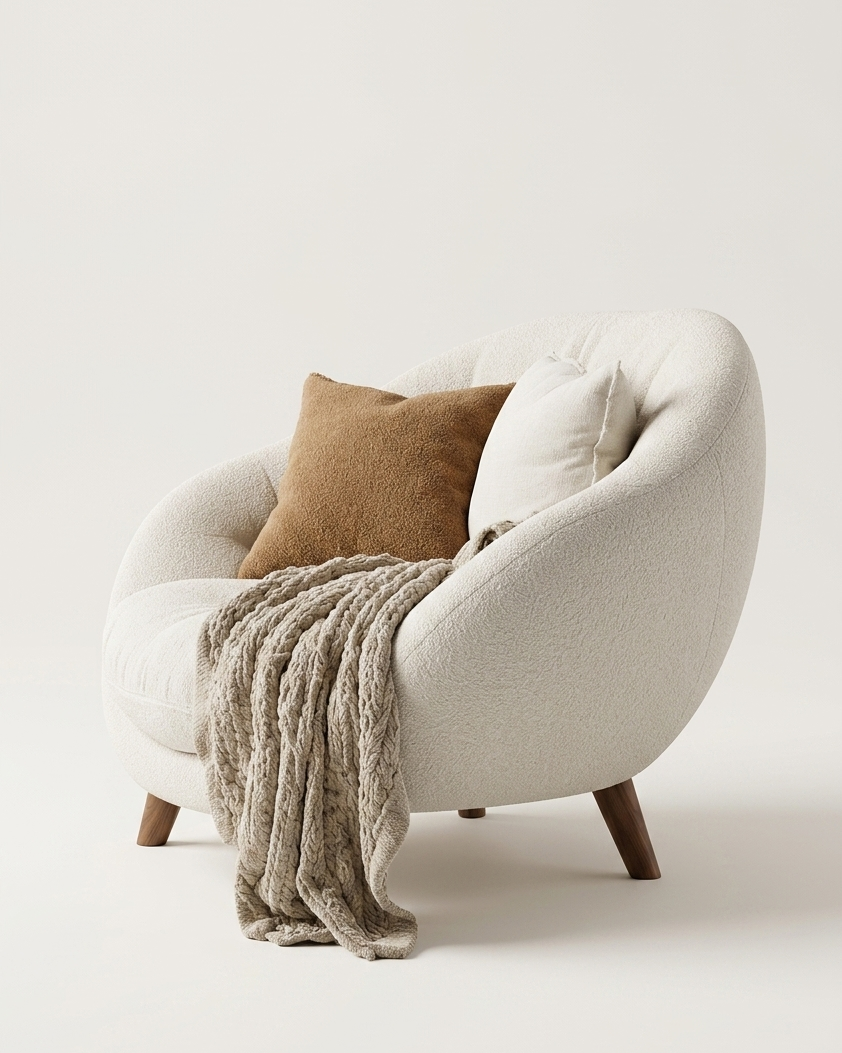 Treya Premium Bouclé Egg Accent Chair - Luxury Upholstered Cuddle Armchair with Natural Oak Legs - Modern Teddy Fabric Lounge Chair for Living Room & Bedroom - Cream White (Cream White)